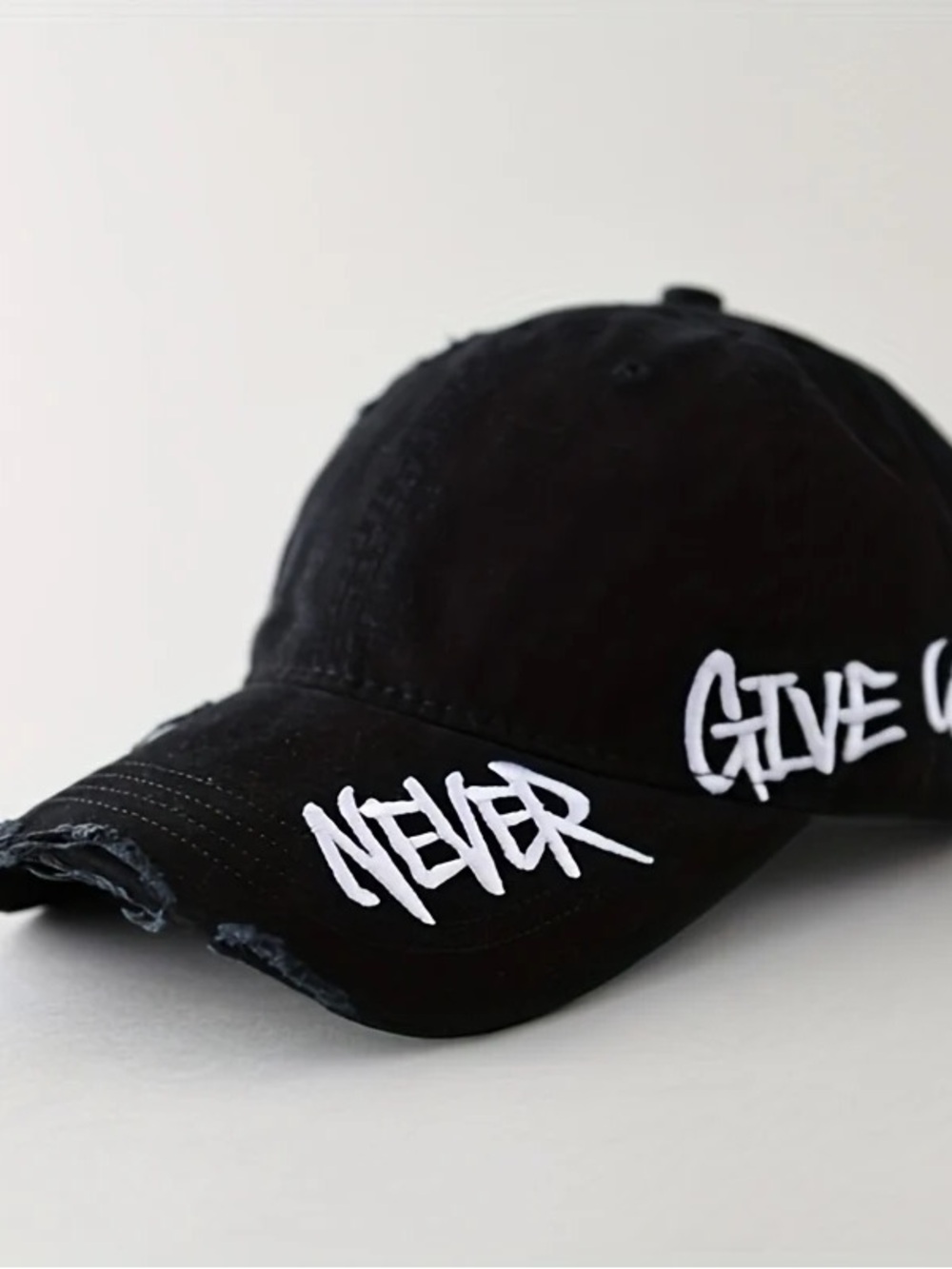 Black 'Never Give Up’ Embroidered Distressed Baseball Cap